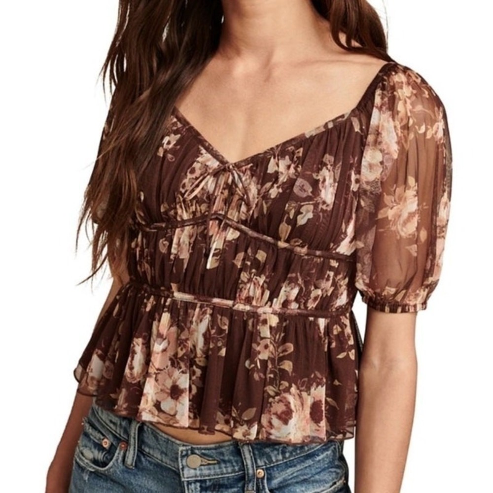 Lucky Brand Floral Peplum Top Women's XXL Brown Mesh Sheer Boho Ruffle Romantic